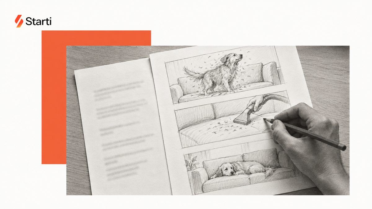 A hand sketching a storyboard for a sofa-cleaning commercial beside a blurred script page, printed as a warm black halftone with a coral panel