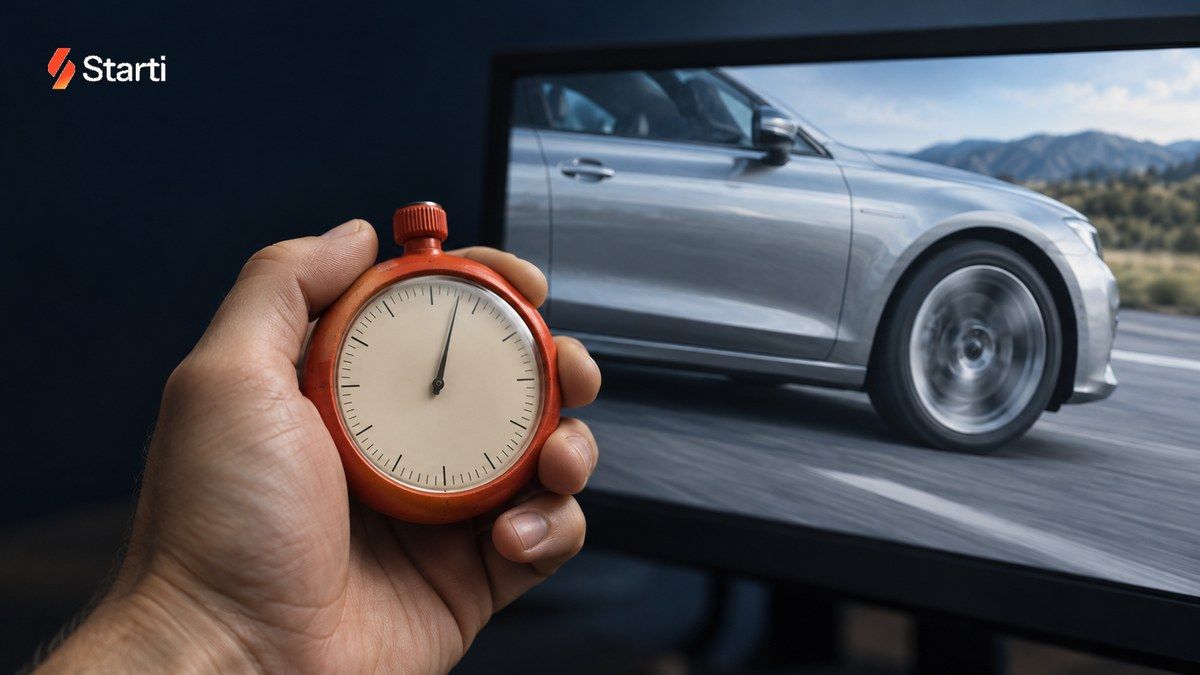 A hand holds a coral mechanical stopwatch in a dim editing room while a monitor behind it shows a silver car driving along a road