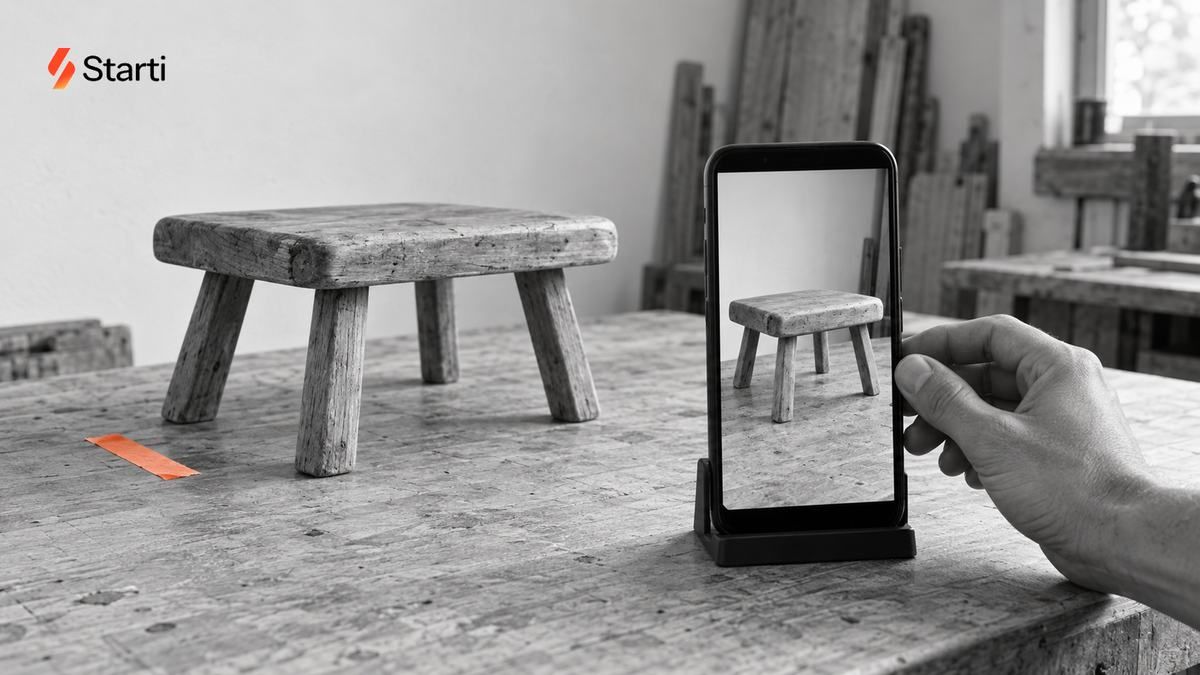 A phone standing upright on a workbench films a wooden stool for a vertical ad, with a strip of coral tape marking the stool's place, in black and white